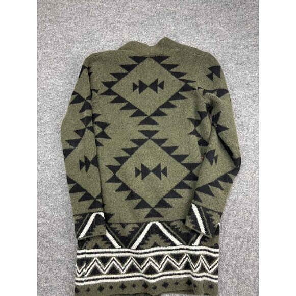 Frye Sweater Womens Small Green Black Longline Cardigan Shawl Collar Aztec Knit - Picture 7 of 7